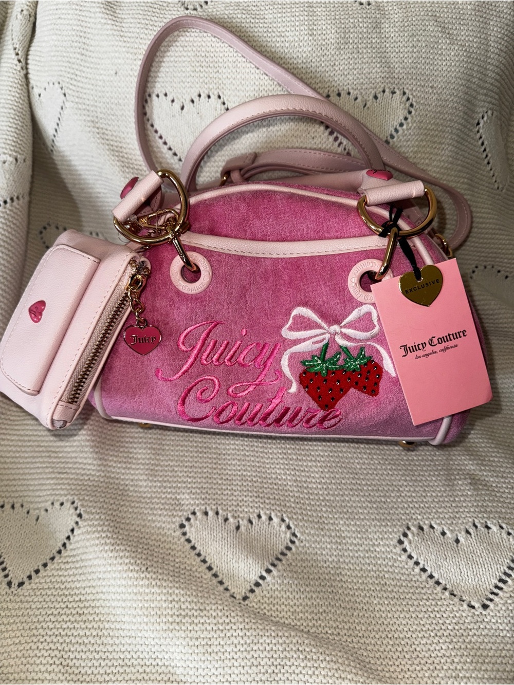 Juicy Couture Pink Velvet Strawberry Embroidered Satchel NWT